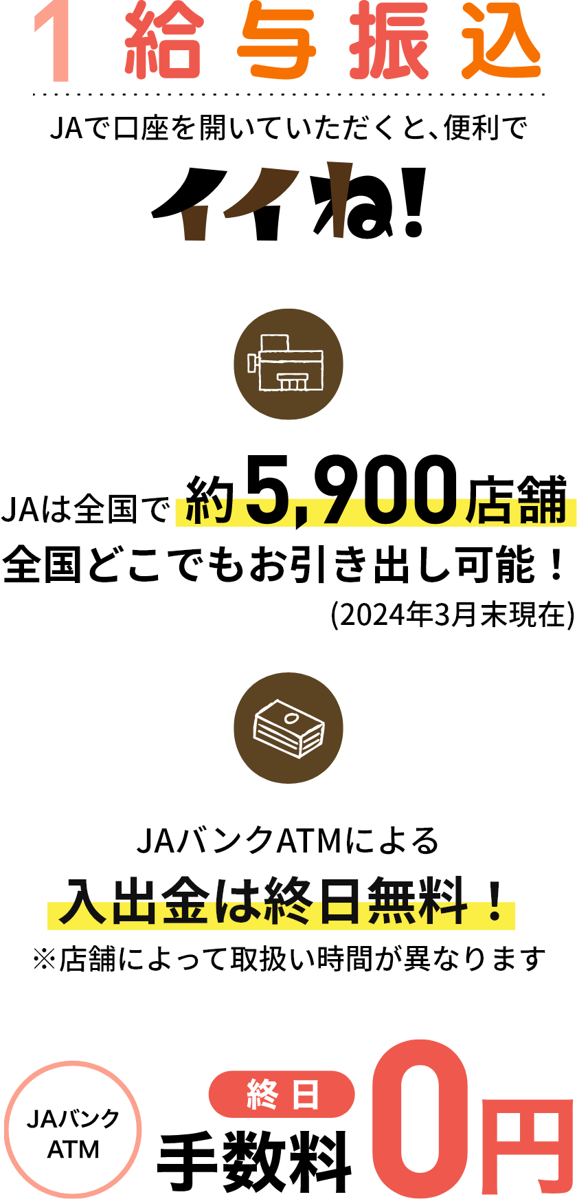 1 給与振込 JAで口座を開いていただくと、便利でイイね!
